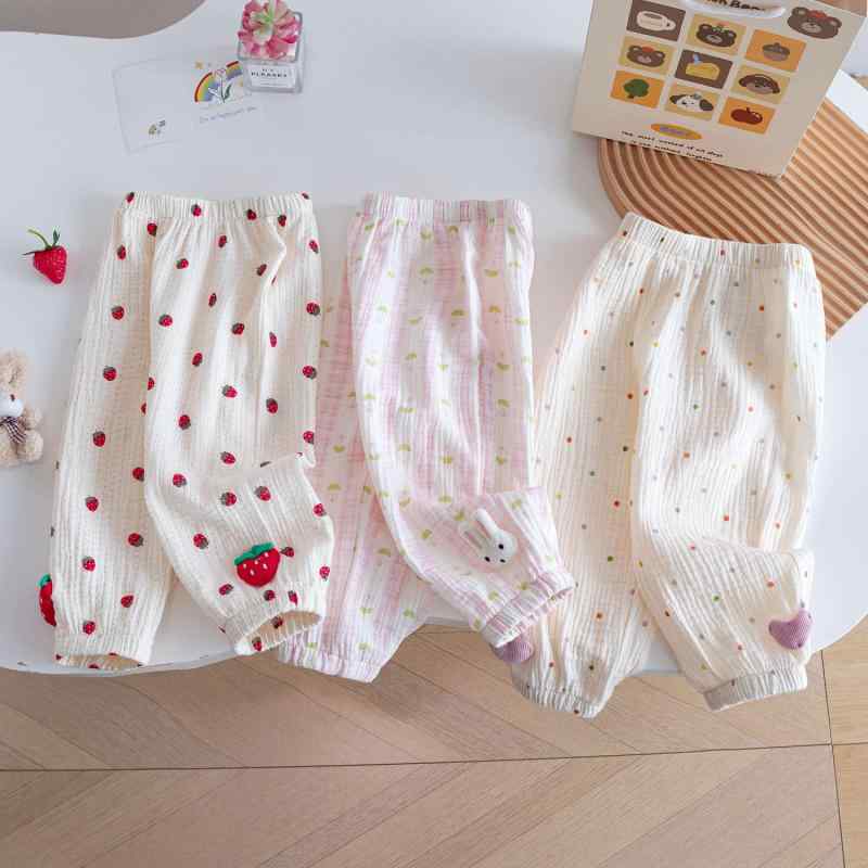 パンツ キッズ 女の子 防蚊 涼しい ソフト 綿100% コットンガーゼ おしゃれ 小花柄 イチゴ柄 夏用 部屋..