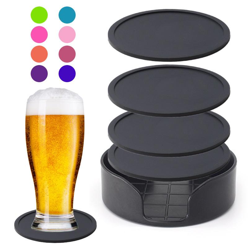 コースター シリコン 丸形 耐熱 吸水 水切り ドリンク コーヒー おしゃれ キッチン 収納スタンド付き シンプル モダンデザイン セット ブラック グレー