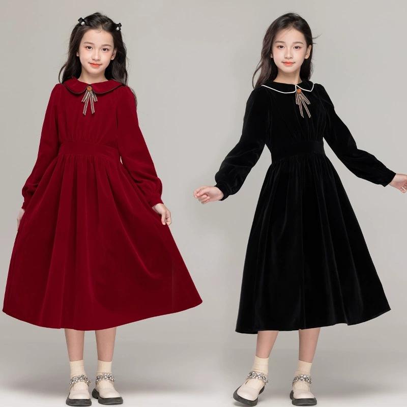 ワンピース 女の子 ジュニア 秋冬 暖か 襟付き 無地 プリンセス Aライン スクール風 フォーマル 発表会..