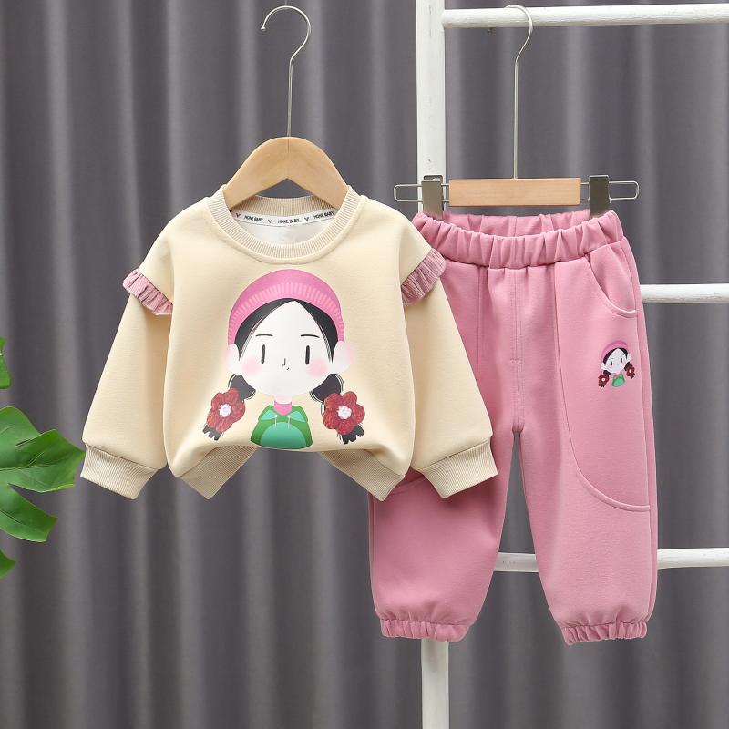 セットアップ 女の子 ベビー キッズ 春秋 長袖 スウェット トレーナー かわいい おしゃれ 韓国ファッション 部屋着 お出かけ 2点セット やわらか コットン キャラクター ピンク ブラウン 80cm 90cm 100cm