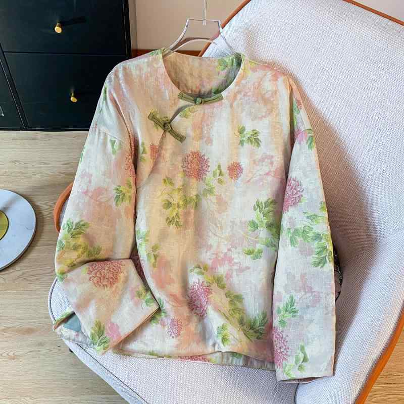 中綿ジャケット レディース 冬 中綿入り ゆったり ショート丈 中華風 レトロ 斜め前合わせ クルーネック チャイナボタン 通勤スタイル 長袖 プリント アウター ポリエステル綿 ビスコース 中厚手 プルオーバー(4)