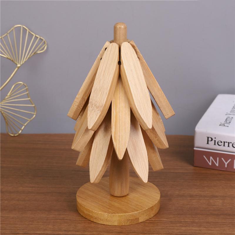 鍋敷き コースター 竹製 折りたたみ式 耐熱 ツリーデザイン おしゃれ かわいい 卓上 ポットマット カッ..