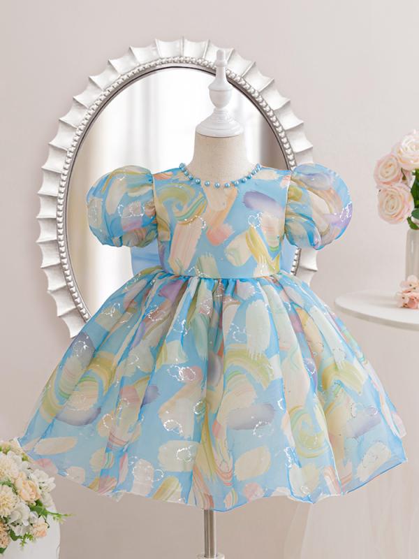 ドレス 女の子 キッズ プリンセス パフスリーブ リボン 誕生日 発表会 結婚式 フォーマル 春夏 ソフト加工 ポリエステル アクアブルー パープル ピンク