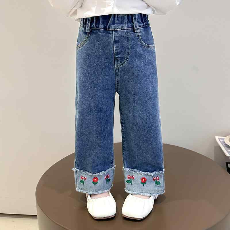 パンツ キッズ 女の子 春秋 カジュアル おしゃれ 柔らかい デニム ストレートパンツ ワイドパンツ ウエ..