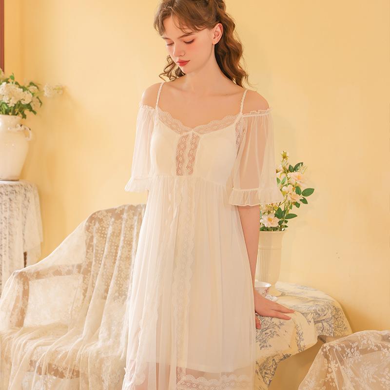 ルームウェア レディース 女性用 接触冷感 モダール レース カップ付き 半袖 オフショルダー キャミソールストラップ フレンチテイスト 宮廷風 ロココ調 ネグリジェ パジャマワンピース 部屋着 薄手 快適 おうち時間