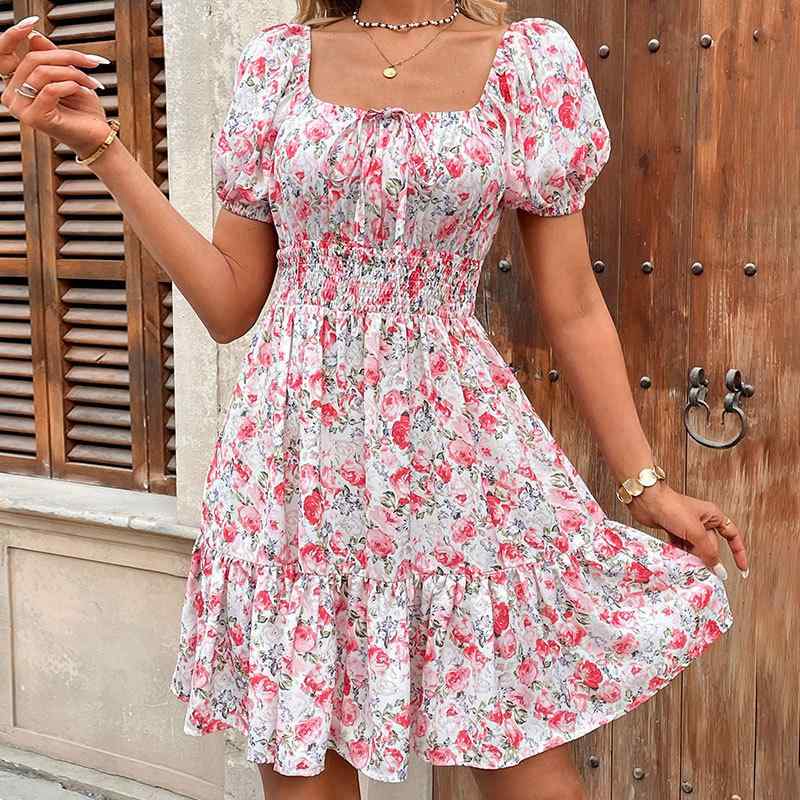 ワンピース レディース 春夏 スクエアネック パフスリーブ ウエストマーク リボン 小花柄 ミモレ丈 半袖 ウエストゴム プリンセスライン フェミニン デート服 ピンク ポリエステル