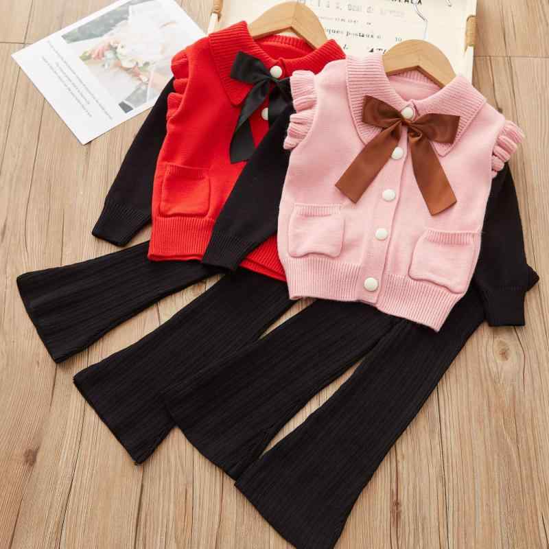 キッズ 女の子 ガールズ セットアップ 上下セット 秋冬 リボン 長袖 無地 コットン ニット 2点セット ニットトップス ニットパンツ 韓国風 通園 通学 お出かけ 普段着 部屋着