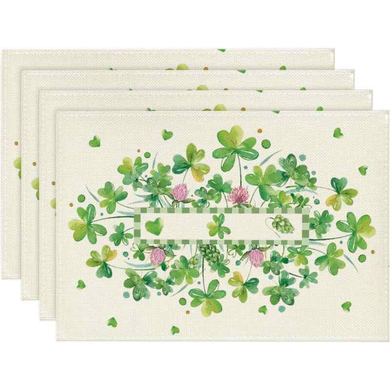 ランチョンマット 春 聖パトリックの祝日 クローバー おしゃれ 亜麻 ポリエステル製 ダイニング キッチン テーブルマット 食卓飾り デコレーション 来客 パーティー用(x4)