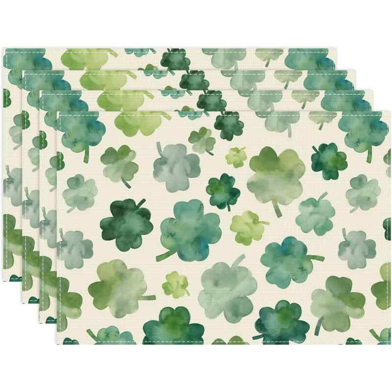 ランチョンマット 聖パトリックデー 春 クローバー柄 キッチン ダイニング 食卓 デコレーション 来客用 おもてなし リネン調 ポリエステル製 洗える おしゃれ(x4)