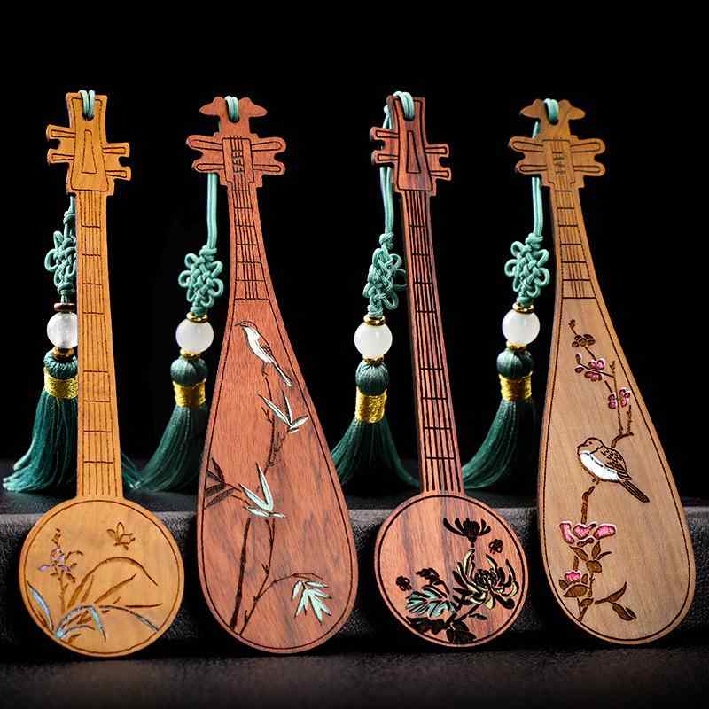 しおり ブックマーク 紅木製 天然木 古典楽器 琵琶 精巧な彩色 手描き 中国風 古風 レトロ フリンジ タッセル オフィス 文具 読書 ギフト プレゼント 先...