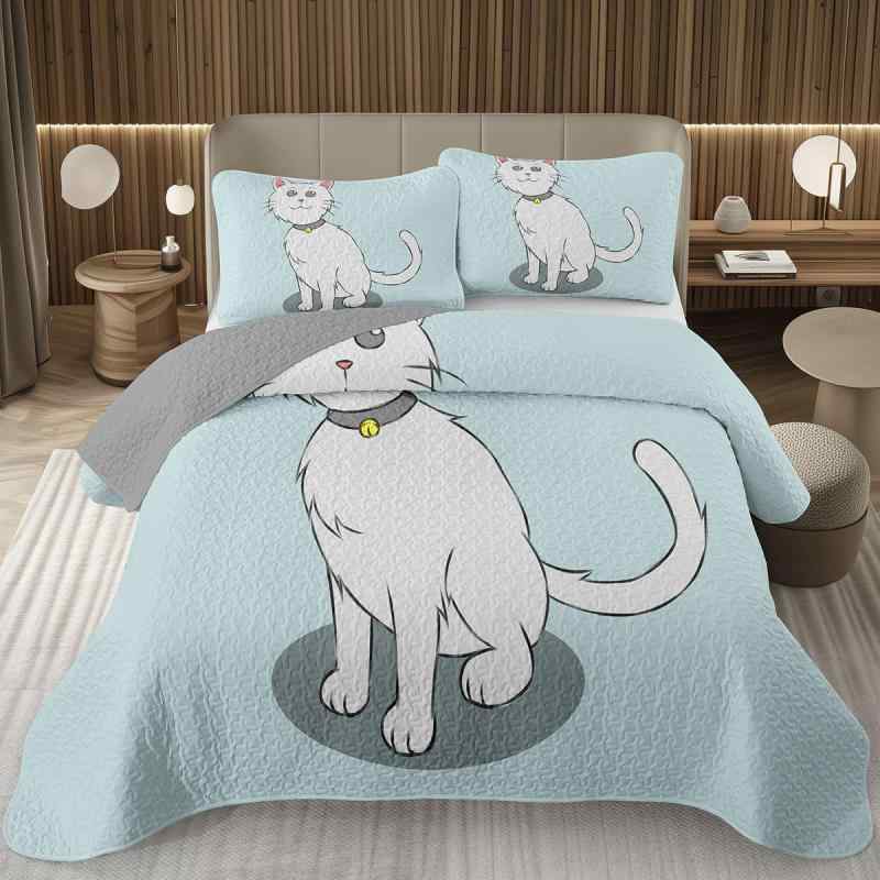 ベッドカバー 猫柄 3点セット 3Dプリント キルティング加工 北欧風 ポリエステル シーツ ピローケース ..