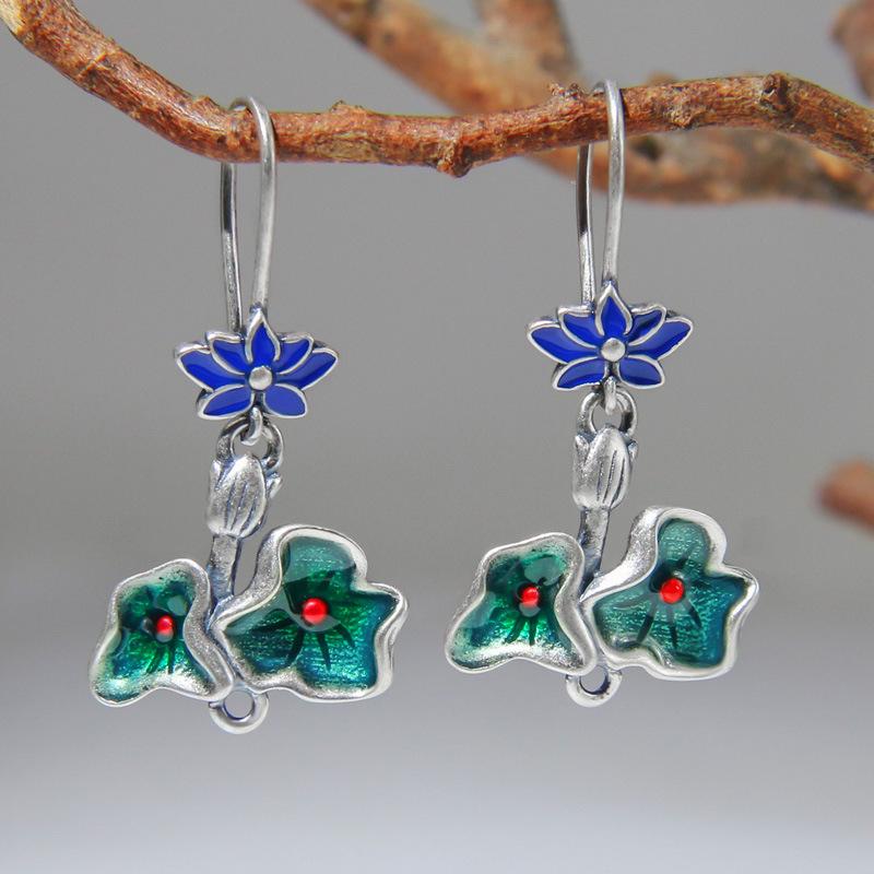 ピアス レディース 女性用 925シルバー ハンドメイド 七宝焼 レジン細工 蓮 フックピアス ドロップピア..