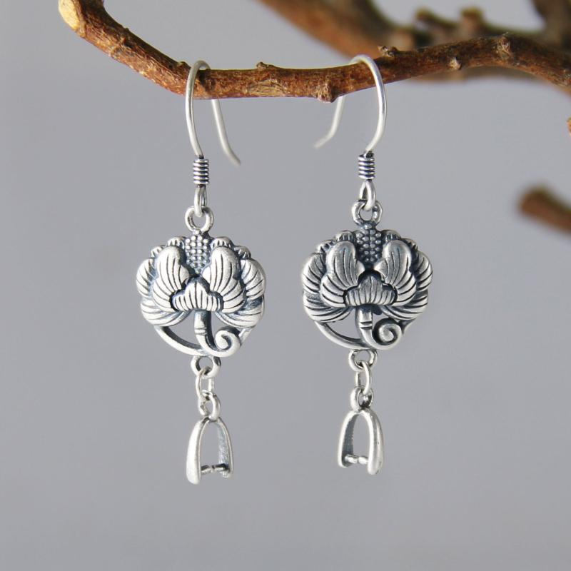 耳飾り金具 レディース 925シルバー DIY 手作り 琥珀 石座空枠 ピアスフック イヤリング クリップ 牡丹 中国風 アンティーク加工