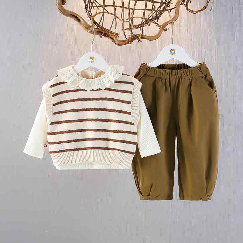 セットアップ 女の子 ベビー キッズ パンツ 3点セット カジュアル 春秋 ニット コットン 長袖 ストライプ 通園 部屋着 チョコレート ブラック 1歳 2歳 3歳 おしゃれ