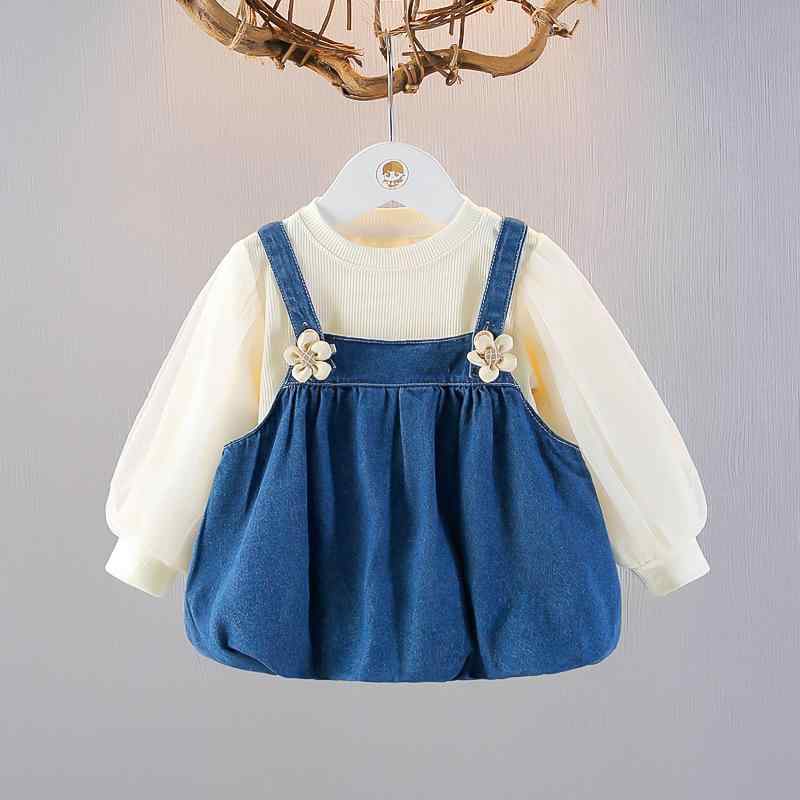 ワンピース 女の子 ベビー服 キッズ 子供服 綿素材 長袖 無地 ブルー 春秋 デニム サロペット ジャンパースカート 2点セット セットアップ かわいい おしゃれ着 80cm 90cm 100cm 1歳 2歳 3歳 お出かけ