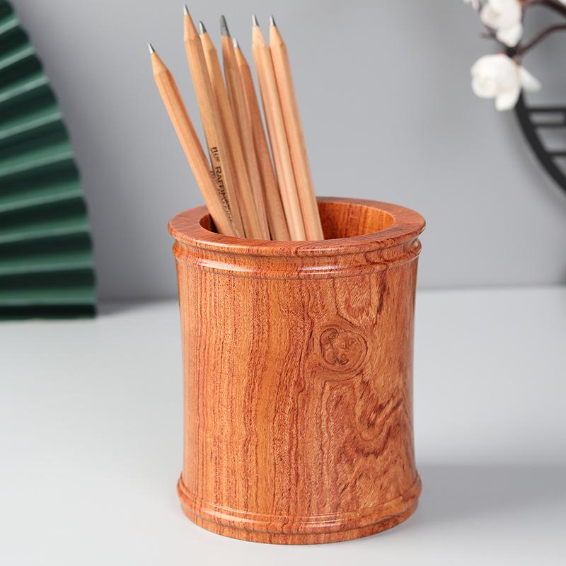 ペン立て 無垢材 ブラジル花梨木製 大型 円形 卓上収納 デスクオーガナイザー レトロ調 オフィス 書斎 文房具 小物入れ インテリア雑貨 ペンスタンド 贈答品