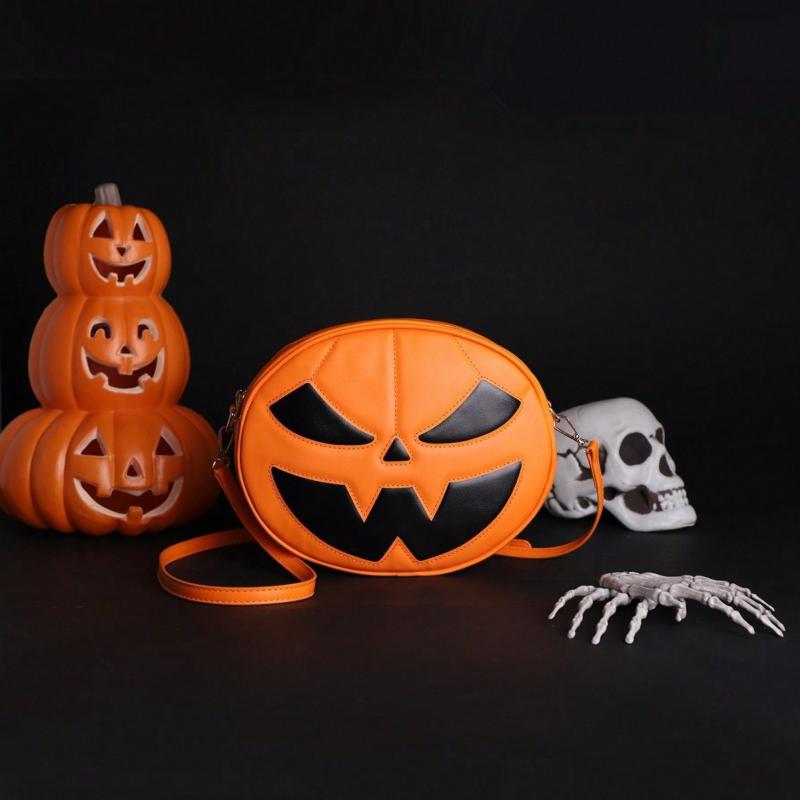 ショルダーバッグ ハロウィン ユニーク 南瓜モチーフ PUレザー 欧米風 個性的 ファッション 斜め掛け オレンジ バイカラー 切り替え 普段使い 楕円形