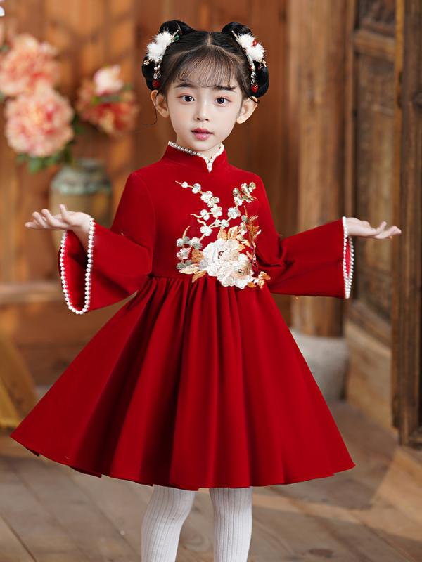 楽天モズラボワンピース キッズ 女の子 冬物 裏起毛 厚手 お正月衣装 華やか 赤 レッド 中国風 プリンセスドレス リボン かわいい 綿混素材 発表会 誕生日 パーティー フォーマル