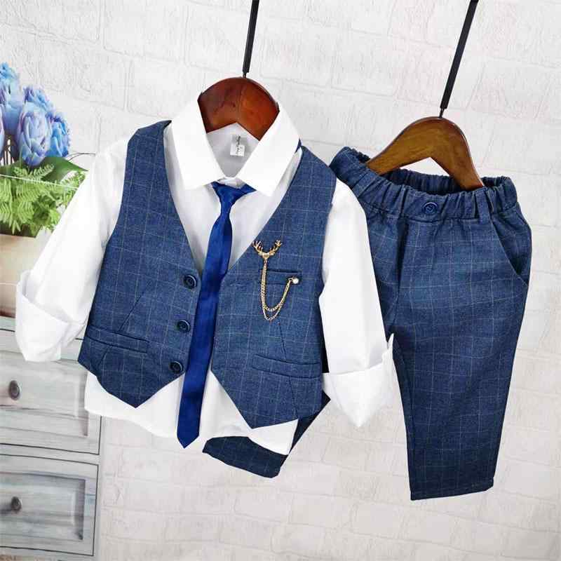 キッズ フォーマルスーツ 男の子 チェック柄 スリーピース ジャケット ベスト ジレ 春秋 韓国風 ブリテ..