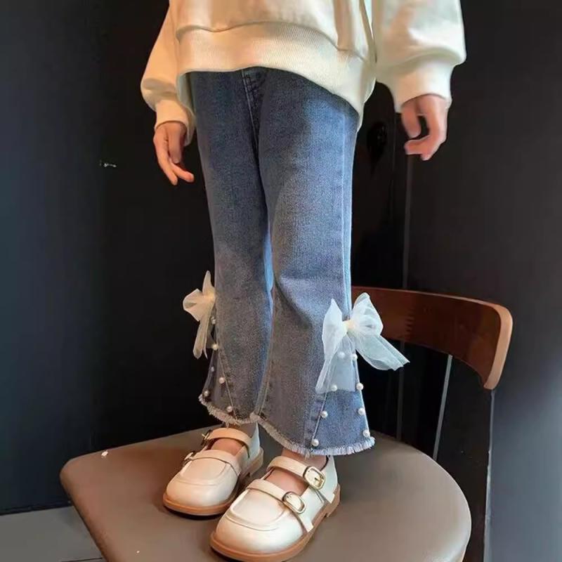 デニムパンツ 女の子 子供 ベビー 春秋 韓国風 パール リボン フリンジ フレアパンツ おしゃれ 個性的 ..