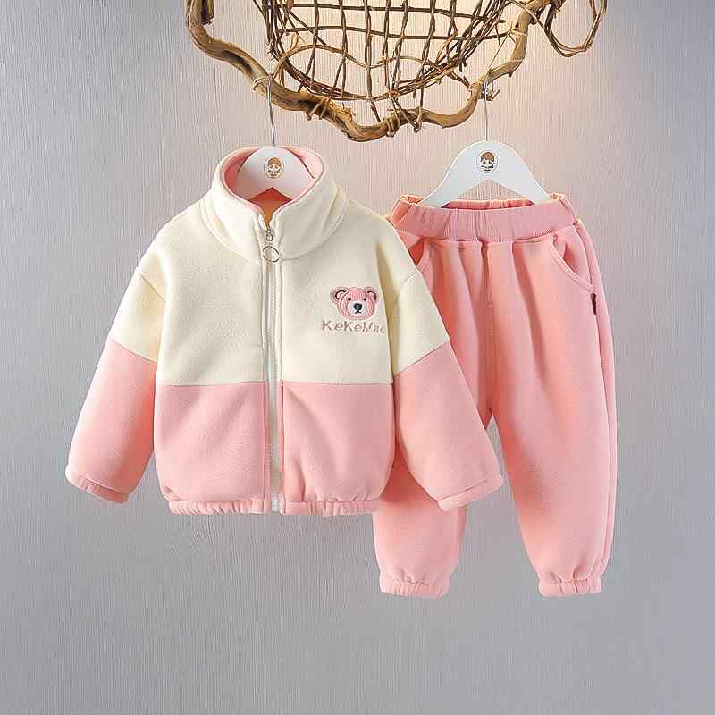 セットアップ ベビー 女の子 裏起毛 トレーナー パンツ ツーピース 保温 厚手 秋冬 ルームウェア カジュアル ポリエステル ピンク チョコレート 幼児服