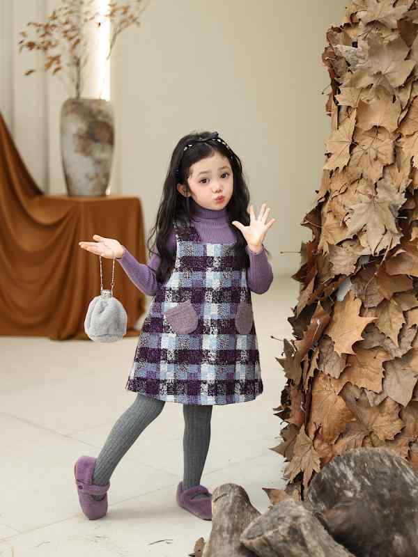 ジャンパースカート 女の子 ガールズ 秋冬 ウールワンピース 裏起毛 厚手 高品質 上品 韓国風 Aラインスカート パープル グレンチェック 3歳 8歳 子供服 通学 普段着 フォーマル