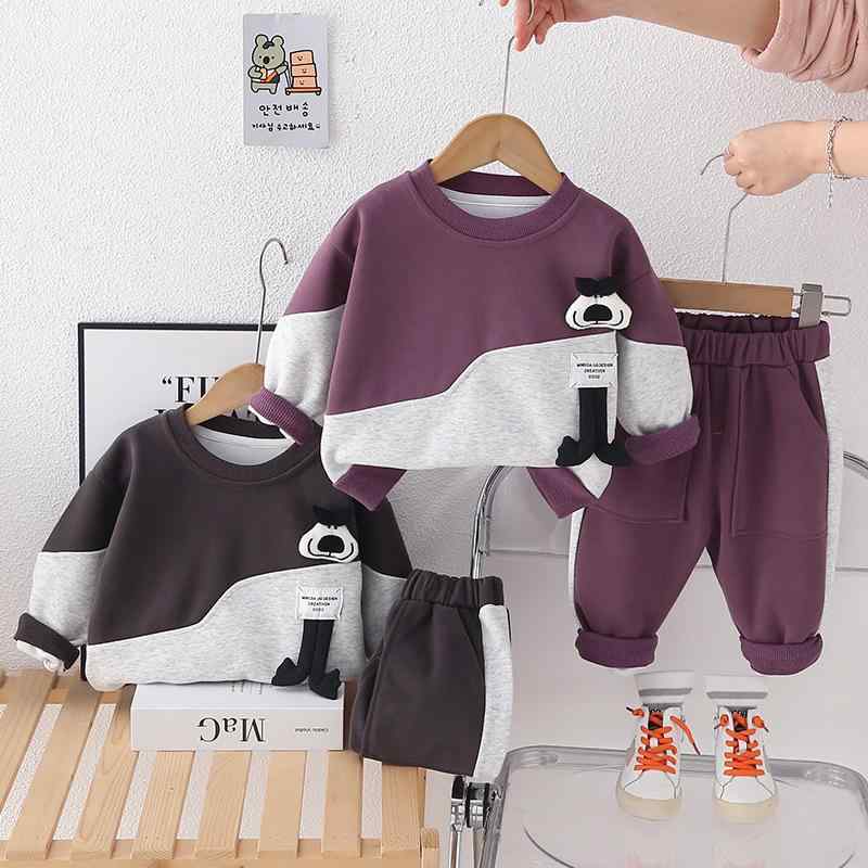 ベビー キッズ 男の子 春秋 切り替え くま スウェット 上下セット 長袖 ロングパンツ 2点セット おしゃれ かわいい コットン 韓国子供服 カジュアル 部屋着 パープル