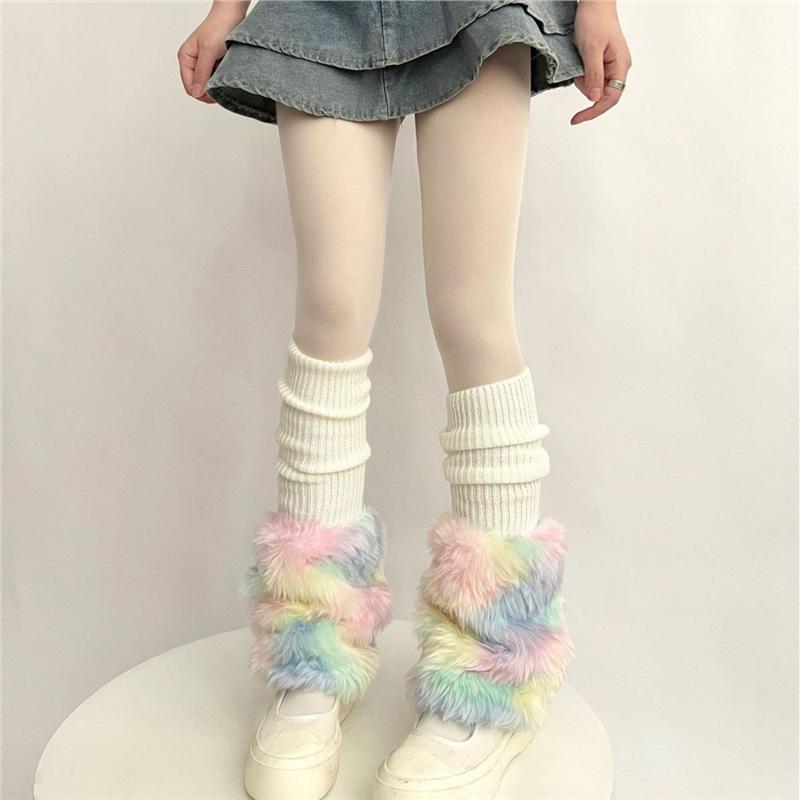 レッグウォーマー レディース ふわふわ あったか 防寒 フェイクファー ニット カラフル くしゅくしゅ ..