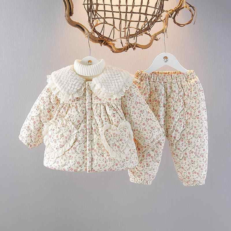 中綿ジャケット 女の子 ベビー 裏起毛 厚手 保温 あったか 部屋着 小花柄 長袖 パンツ 2点セット セットアップ 1歳 2歳 3歳 幼児 冬