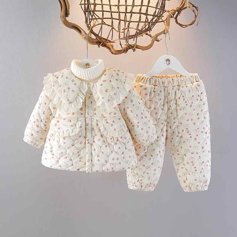 キッズ 女の子 ベビー 裏ボア 厚手 保温 あったか 小花柄 中綿ジャケット 中綿パンツ 2点セット 冬 カジュアル ポリエステル ピンク チョコレートカラー 1-3歳 80-100cm