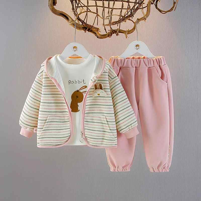キッズ ベビー 女の子 セットアップ 春秋 ストライプ カジュアル おしゃれ フード付き ジップアップ 長袖 コットン パンツ 3点セット お出かけ着 ピンク チョコレート 1歳 2歳 3歳