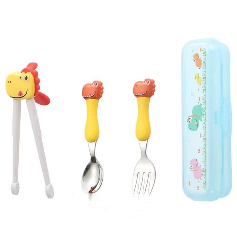 食事セット 子供用 キッズ 1歳から 恐竜 キャラクター ステンレス製 バネ付き トレーニング箸 フォーク..