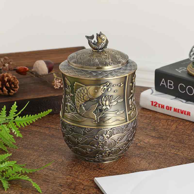 茶筒 錦鯉 縁起物 招福 亜鉛合金製 電気メッキ加工 密閉保存容器 蓋付き レトロ おしゃれ 高級感 エレガント リビング インテリア 卓上収納(x2)