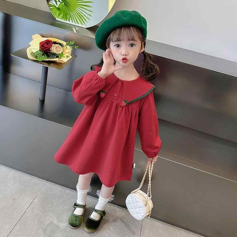 ワンピース 女児 女の子 キッズ ベビー 長袖 かわいい おしゃれ イチゴ柄 フリル襟 プリンセス風 Aライン 春秋 普段着 通学着 赤 コットン 綿 柔らか素材 3歳 4歳 5歳 6歳 7歳 8歳