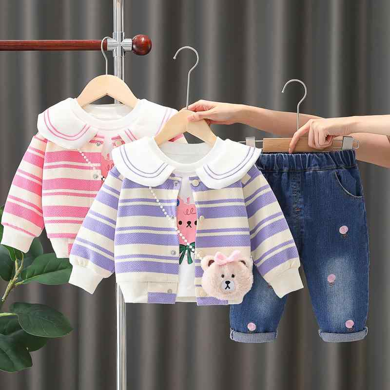 ベビー服 女の子 春秋 おしゃれ 韓国風 ボーダー柄 うさぎ カーディガン 長袖 ロングパンツ 小さめ 鞄..