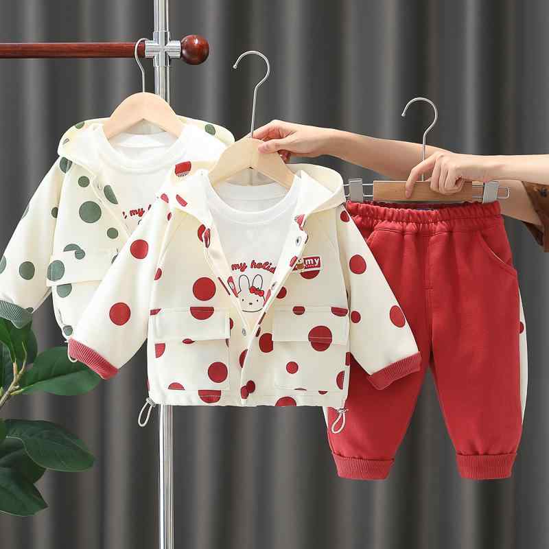 子供服 女の子 ガールズ ベビー キッズ セットアップ 春秋 長袖 パーカー フード付き ロングパンツ ドット柄 うさぎ キャラクター コットン 柔らかい かわいい カジュアル 韓国風 3点セット