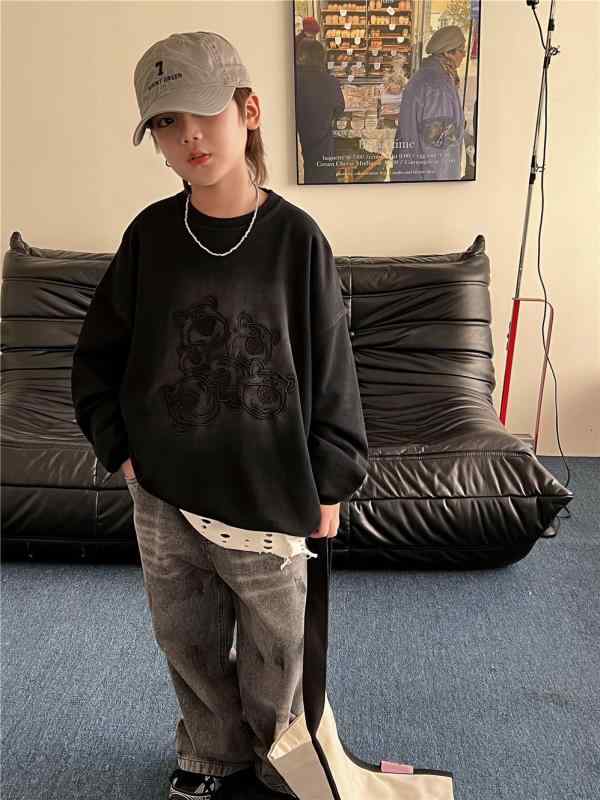 トレーナー キッズ 男女兼用 春秋物 ヘビーウェイト クマ刺繍 ムラ染め トレンド おしゃれ 韓国風 キャ..