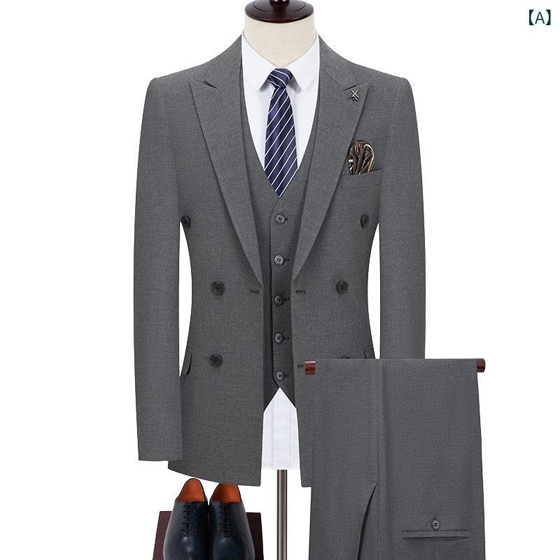 スーツ メンズ 男性用 ビジネス オフィス 通勤 カジュアル フォーマル セレモニー 結婚式 二次会 パーティー 卒業式 入学式 スリーピース セットアップ 秋冬 スリムフィット 細身 グレー 着回し
