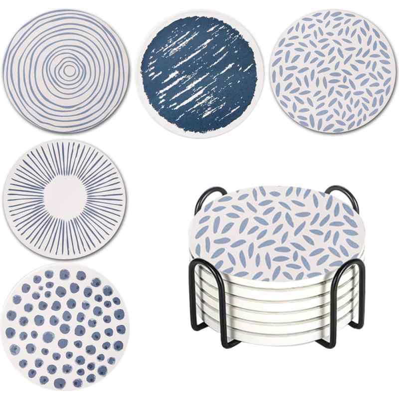 コースター セラミック 吸水性 速乾性 5点セット 年輪 満月 現代アート風 高精細柄 マグカップ用 北欧風 黒いスタンド付き 円形 テーブル保護 おしゃれ かわいい インテリア 雑貨
