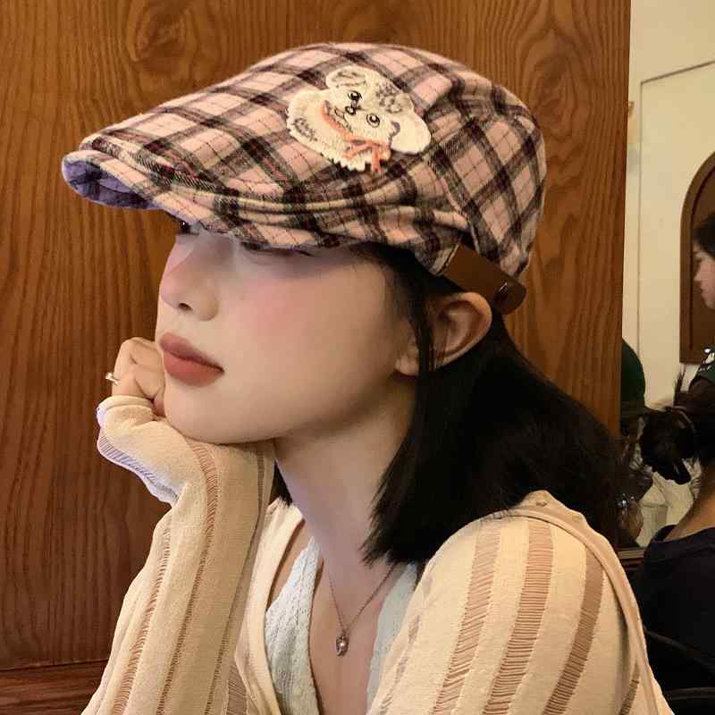 キャスケット レディース 紫外線対策 日よけ 小顔効果 チェック柄 犬ワッペン かわいい 薄手 春夏 ハンチング 帽子 カジュアル ピンク レッド