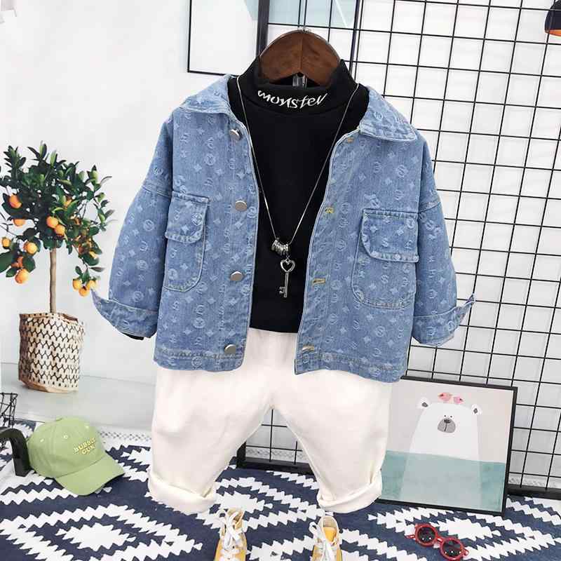 キッズ セットアップ 男の子 女の子 ジャカード デニムジャケット Gジャン 韓国風 おしゃれ カジュアル アウター スリーピース 3点セット ロングパンツ 綿 薄手 柔らかい シングルブレスト 秋冬服