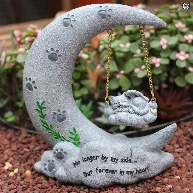 ペット供養 メモリアルストーン 墓石 猫 犬 小動物 樹脂製 月と猫のリアルな彫刻デザイン かわいい おしゃれな置物 オブジェ カントリー調 ナチュラルスタイル 室内 屋外対応