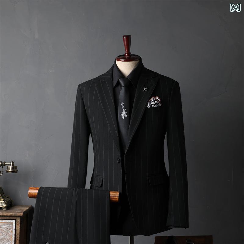 スーツ メンズ ストライプ スリムフィット ビジネス フォーマル 新郎 結婚式 披露宴 パーティー 介添人 UKスタイル セットアップ シングルブレスト1つボタン 防シワ 耐摩耗性 春秋 男性用