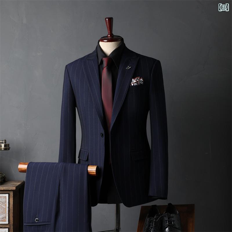 スーツ メンズ ストライプ スリムフィット ビジネス フォーマル 新郎 結婚式 披露宴 パーティー 介添人 UKスタイル セットアップ シングルブレスト1つボタン 防シワ 耐摩耗性 春秋 男性用