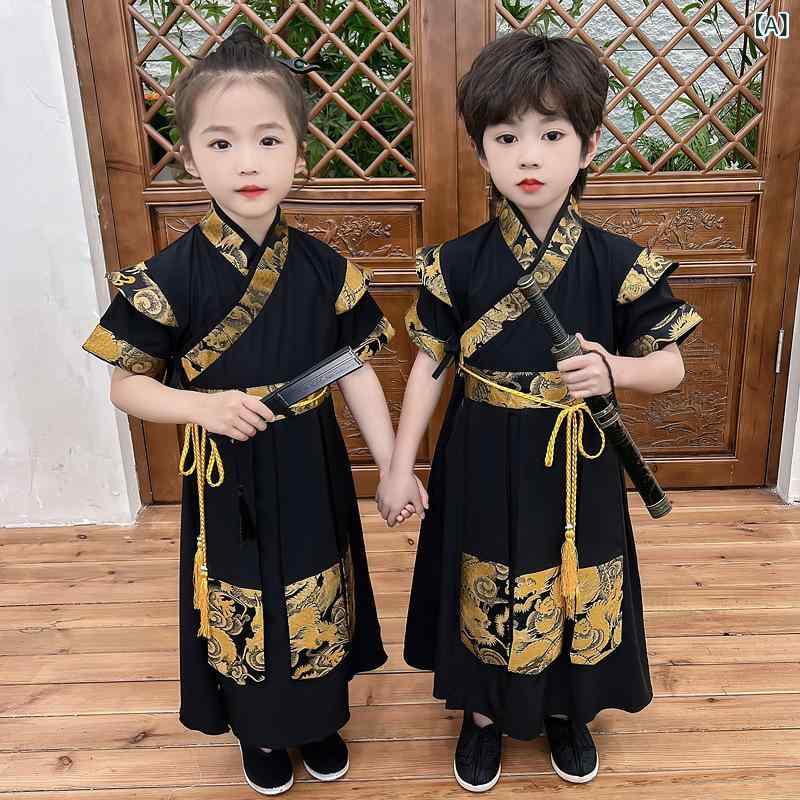 キッズ 男の子 唐装 半袖 ワンピース 中国風 武侠風 衣装 発表会 ステージ衣装 柔らかい 花柄 ポリエステル 子供服 イベント コスプレ 記念撮影