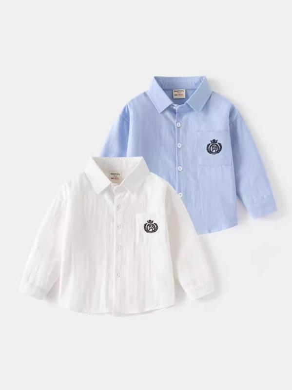 シャツ 男の子 キッズ 長袖 カジュアル 韓国風 刺繍 春秋 襟付き 綿 コットン 柔らか 肌触り 通園 通学 デイリー トップス 白 ブルー