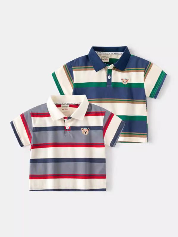 ポロシャツ 男の子 韓国風 ファッション ゆったり 半袖 ストライプ柄 刺繍 襟付き 切り替えデザイン 赤..