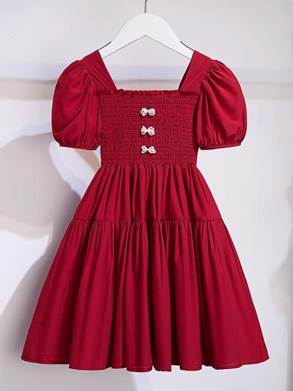 ワンピース 女の子 キッズ ジュニア 夏 韓国風 スクエアネック パフスリーブ プリンセスドレス 半袖 リボン お出かけ フォーマル ポリエステル 無地 レッド 赤