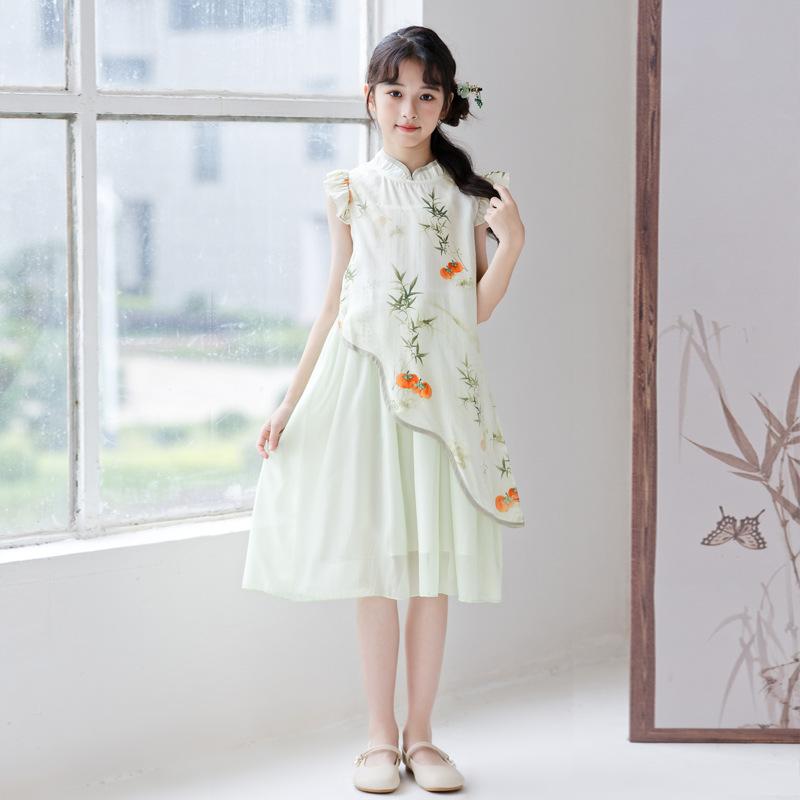 チャイナドレス キッズ 女の子 子供服 新中式 中国風 柿柄 プリント 夏 薄手 柔らか コットン裏地 チュ..