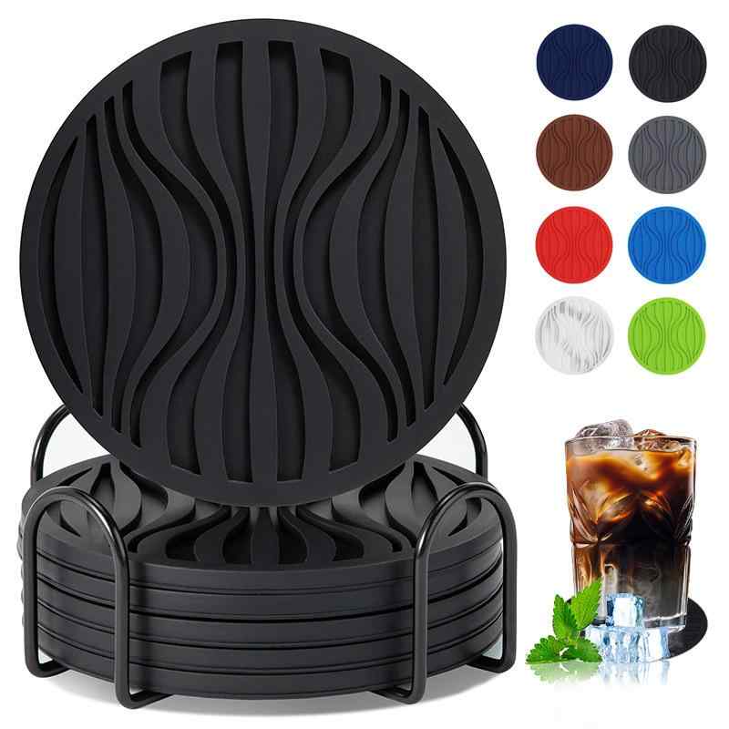コースター シリコン製 10cm 丸型 波型デザイン 耐熱 断熱 滑り止め 水切り機能 卓上 保護マット おしゃれ モダン シンプル 無地 多色展開 ドリンク コーヒー カップ置き セット
